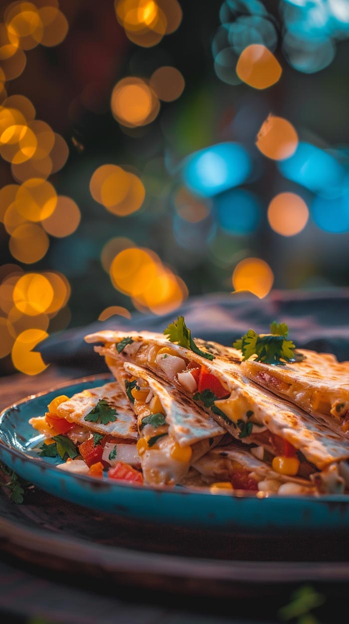 Vegetarische Quesadillas, gefüllt mit Käse, Gemüse und Kräutern, auf einem blauen Teller, dekoriert mit Lichtern im Hintergrund.