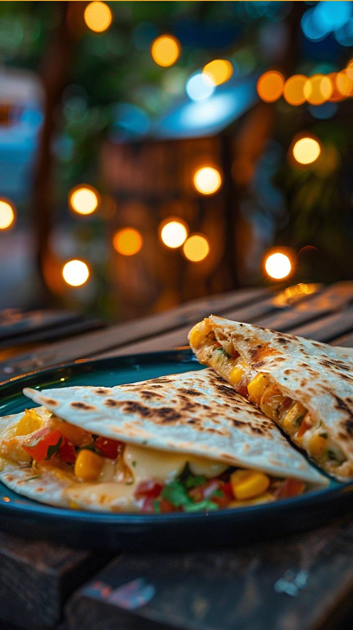 Vegetarische Quesadillas, gefüllt mit Käse, Gemüse und Kräutern, auf einem blauen Teller, dekoriert mit Lichtern im Hintergrund.