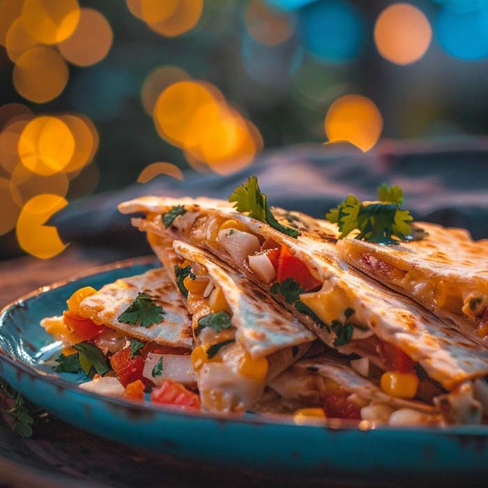 Ein Teller mit frischen, vegetarischen Quesadillas, gefüllt mit Mais, Tomaten und Kräutern. Die Quesadillas sind knusprig gebraten und schön angerichtet auf einem blauen Teller. Im Hintergrund sind unscharfe, warme Lichter zu sehen, die eine gemütliche Atmosphäre erzeugen.