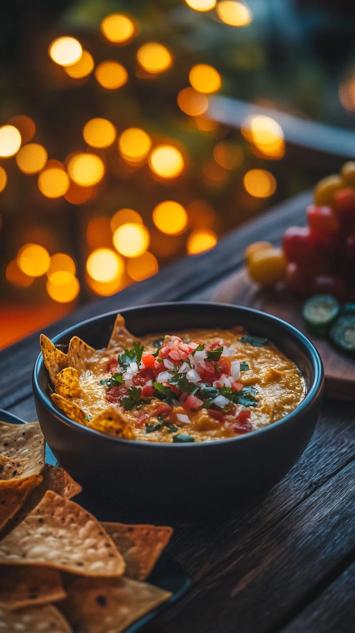 Cremiger Queso-Dip, serviert mit Tortilla-Chips.