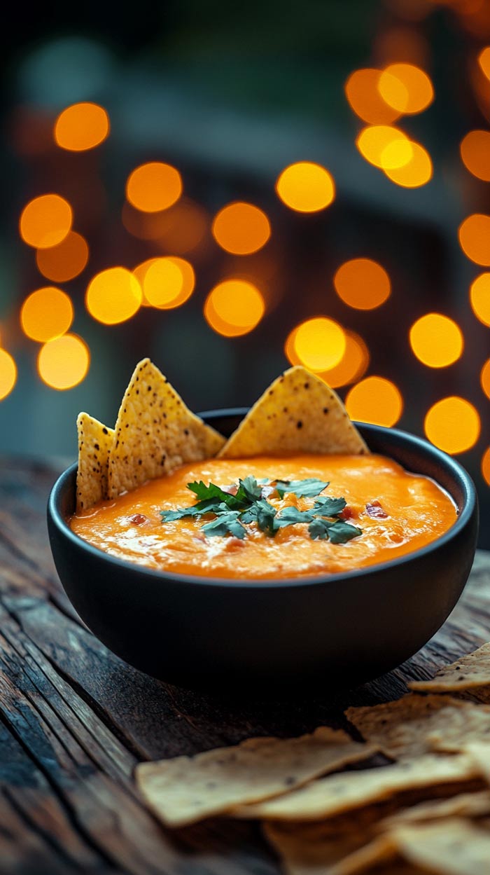 Cremiger Queso-Dip, serviert mit frischen Kräutern.