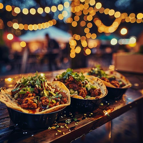 Drei Schalen mit herzhaften Tacos, gefüllt mit würzigem Fleisch, frischen Kräutern und Gemüse, auf einem Holztisch, mit festlicher Lichterkette im Hintergrund.