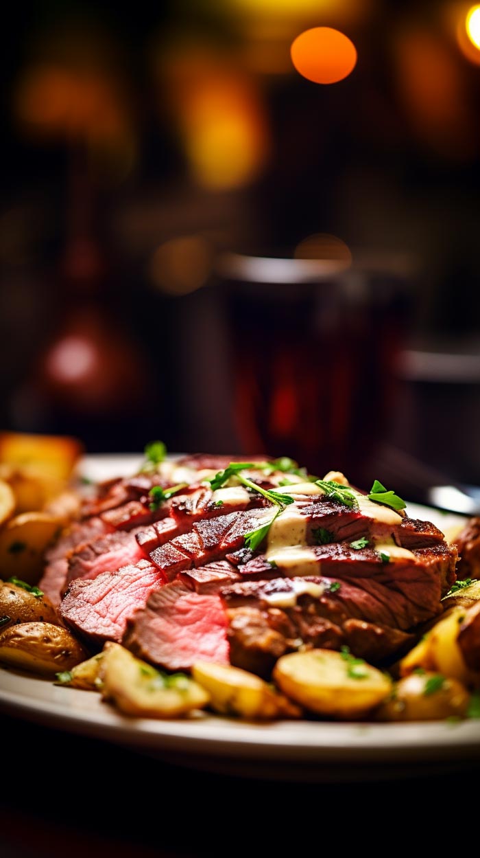 Angeschnittenes Roastbeef mit schmelzender Kräuterbutter und Petersilie, umgeben von gebräunten Kartoffelspalten.