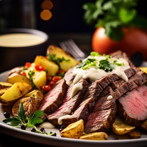 Zartrosa gebratenes Rindersteak, aufgeschnitten und serviert mit Kräuterbutter und goldbraunen Bratkartoffeln.