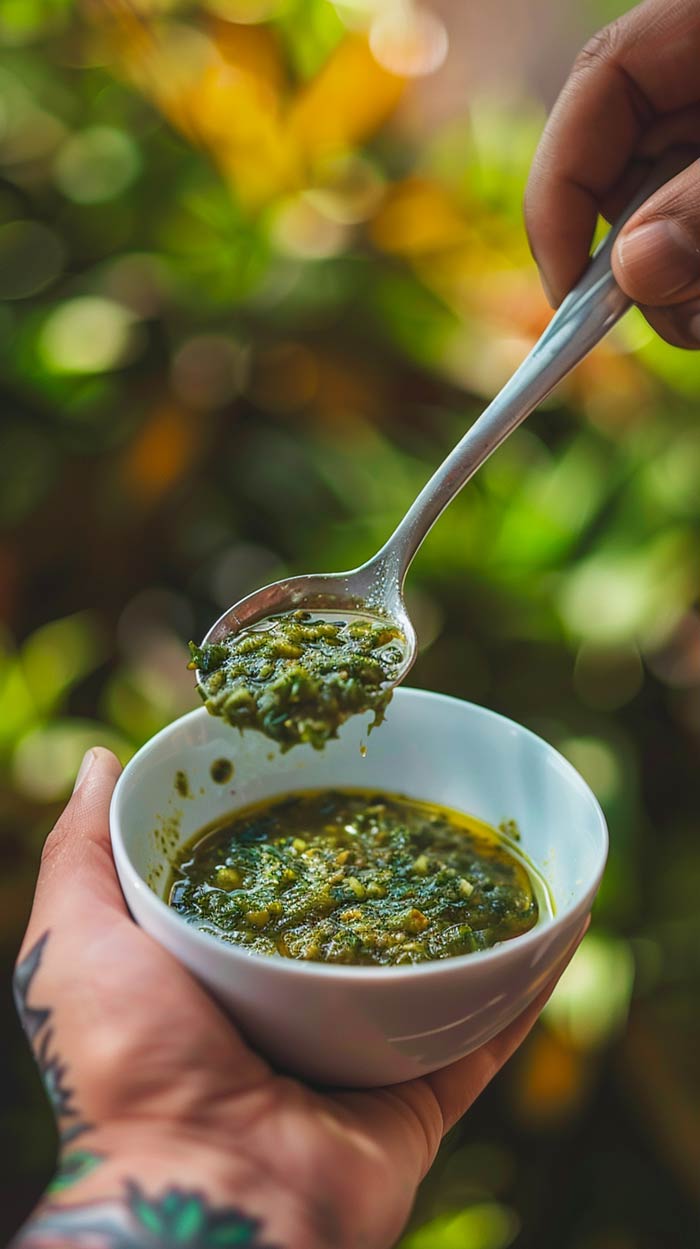 Salsa Verde in einer Schüssel, serviert auf einem Tisch