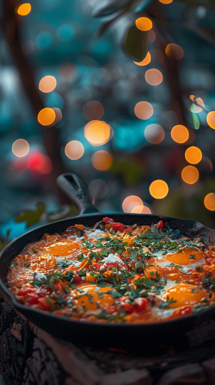 Leckeres Shakshuka in einer Pfanne, garniert mit frischen Kräutern.