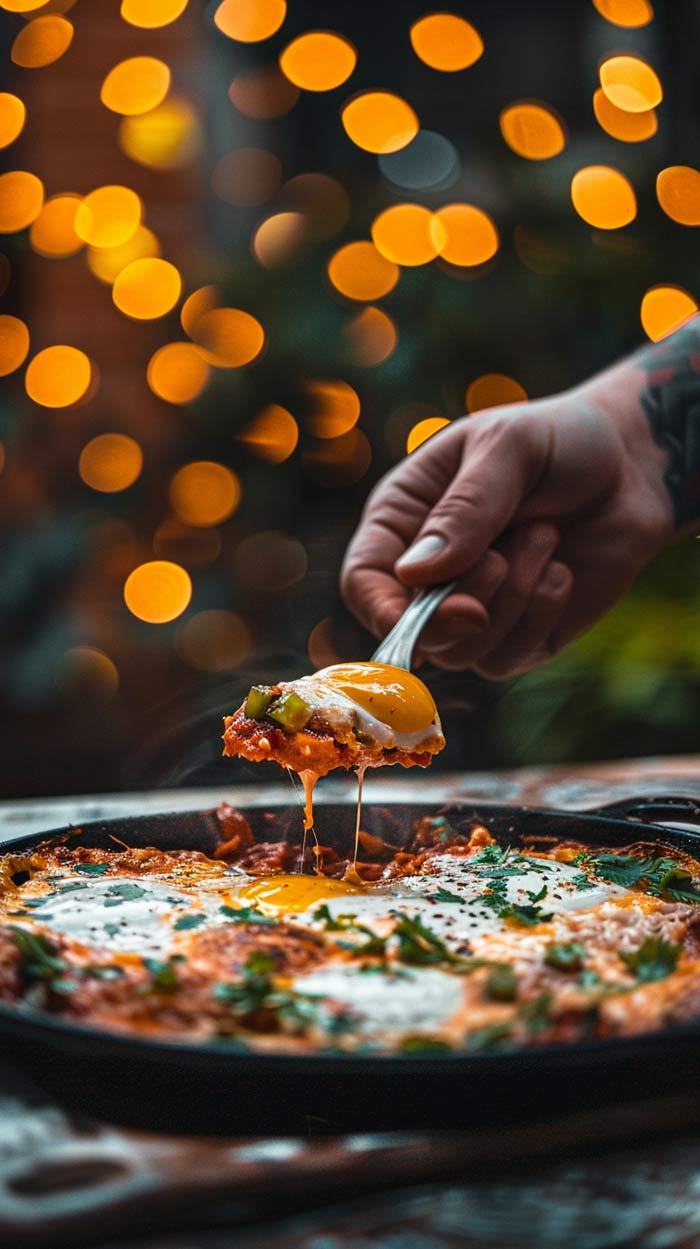 Shakshuka mit frischen Kräutern in einer Pfanne, serviert auf einem rustikalen Holztisch.