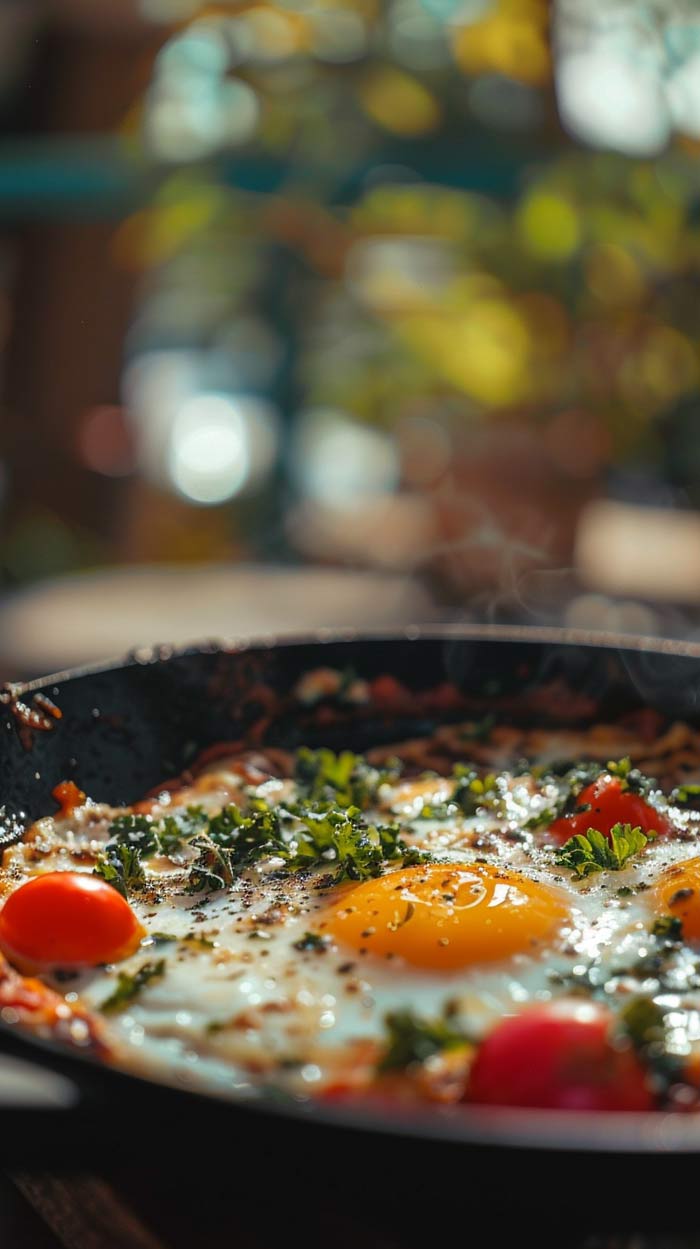 Nahaufnahme von Shakshuka mit pochierten Eiern, serviert auf einem Tisch.