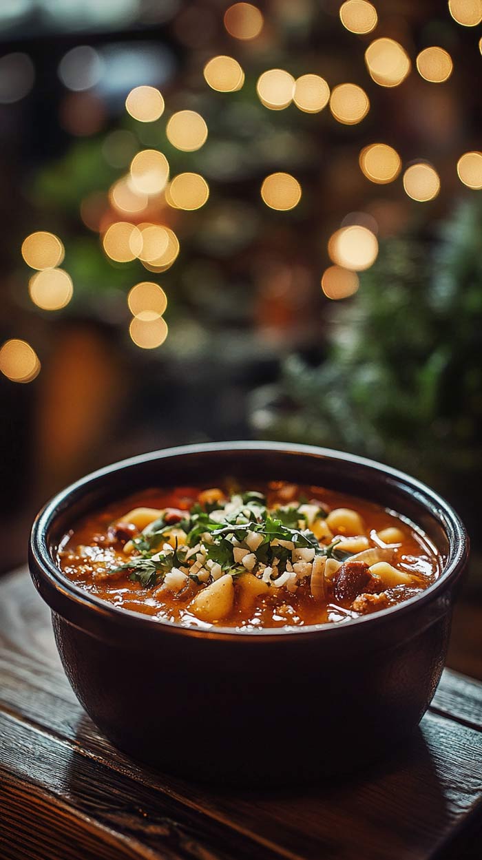 Traditionelle mexikanische Sopa de Lima, serviert mit frischen Kräutern und Limettenscheiben.