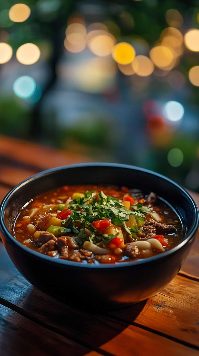 Schale mit aromatischer Sopa de Lima, garniert mit Avocado und Tomatenwürfeln.