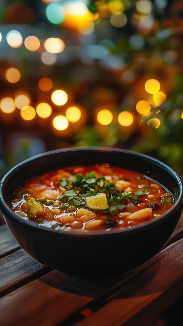 Nahaufnahme von Sopa de Lima, einer mexikanischen Limettensuppe mit zarten Hühnerstücken.