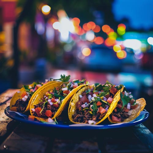 Ein Teller mit drei gefüllten Tacos auf einer Tischplatte im Freien, beleuchtet von sanftem Abendlicht und mit unscharfen Lichtern einer Stadt im Hintergrund.