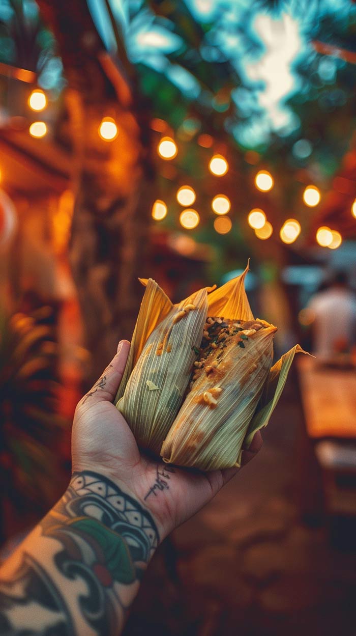 Leckere Tamales, serviert und dekoriert.