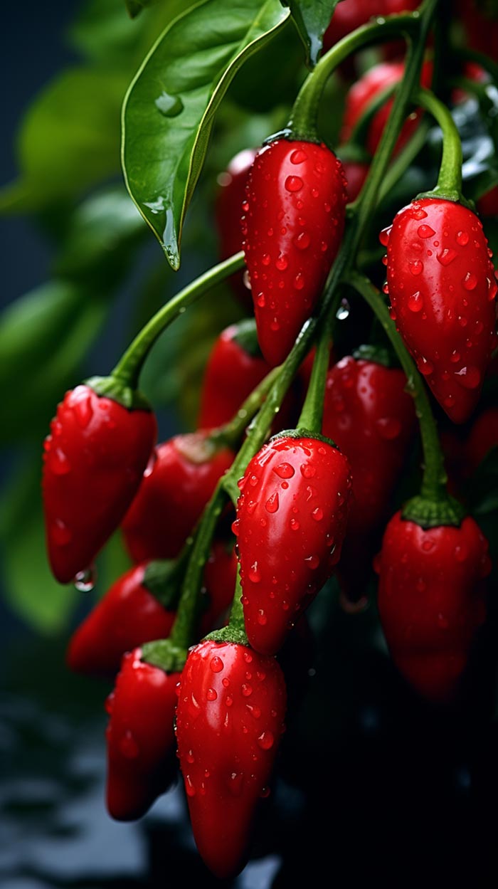  Glänzende rote Tazmanian Red Chilischoten mit Wassertropfen bedeckt, hängen an einem üppigen grünen Strauch gegen einen dunklen Hintergrund.