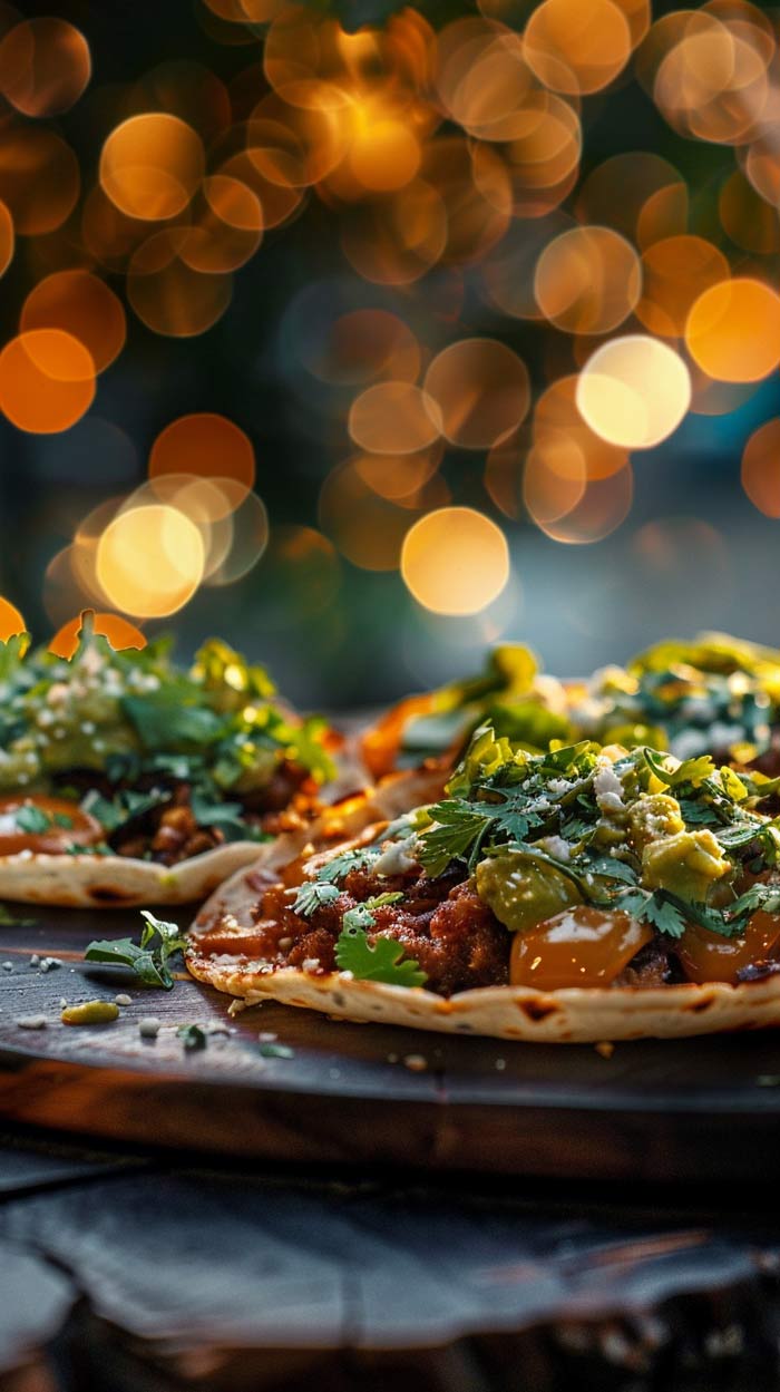 Tostadas garniert mit frischem Koriander, Tomaten und Käse auf einem rustikalen Holzbrett.