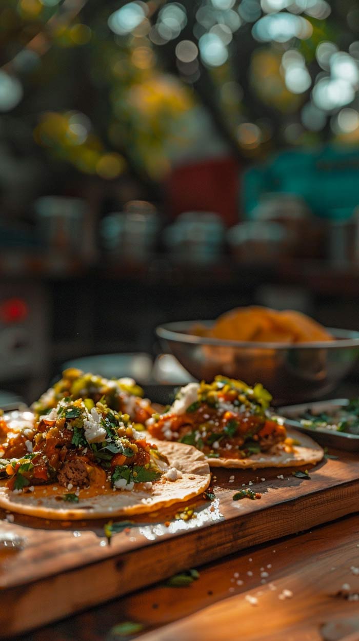 Tostadas garniert mit frischem Koriander, Tomaten und Käse auf einem rustikalen Holzbrett.